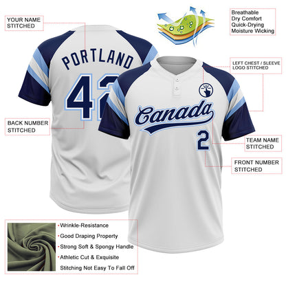 Custom White Navy-Light Blue Raglan Sleeves Stripes Two-Button Unisex Softball Jersey