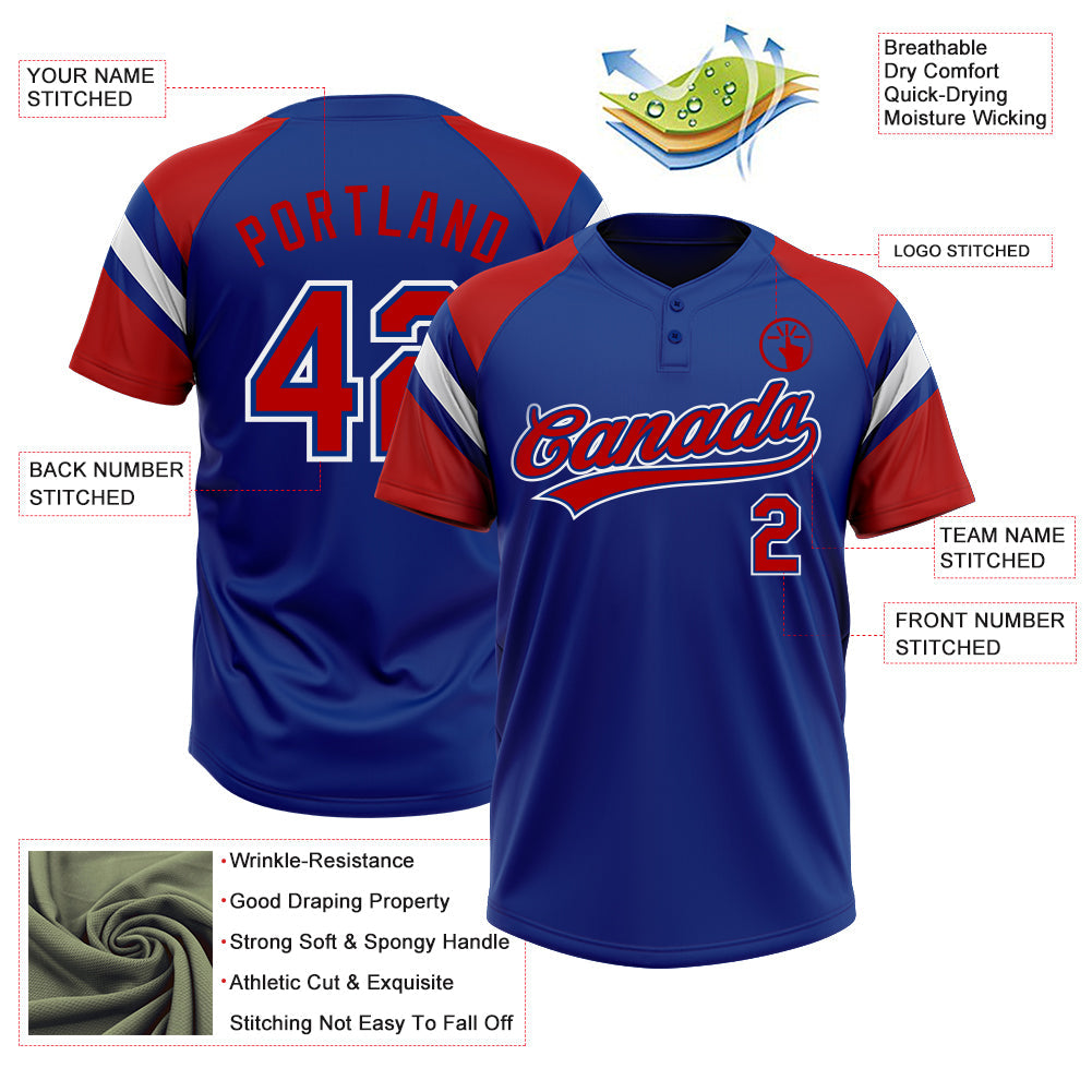 Custom Royal Red-White Raglan Sleeves Stripes Two-Button Unisex Softball Jersey