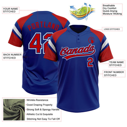 Custom Royal Red-White Raglan Sleeves Stripes Two-Button Unisex Softball Jersey