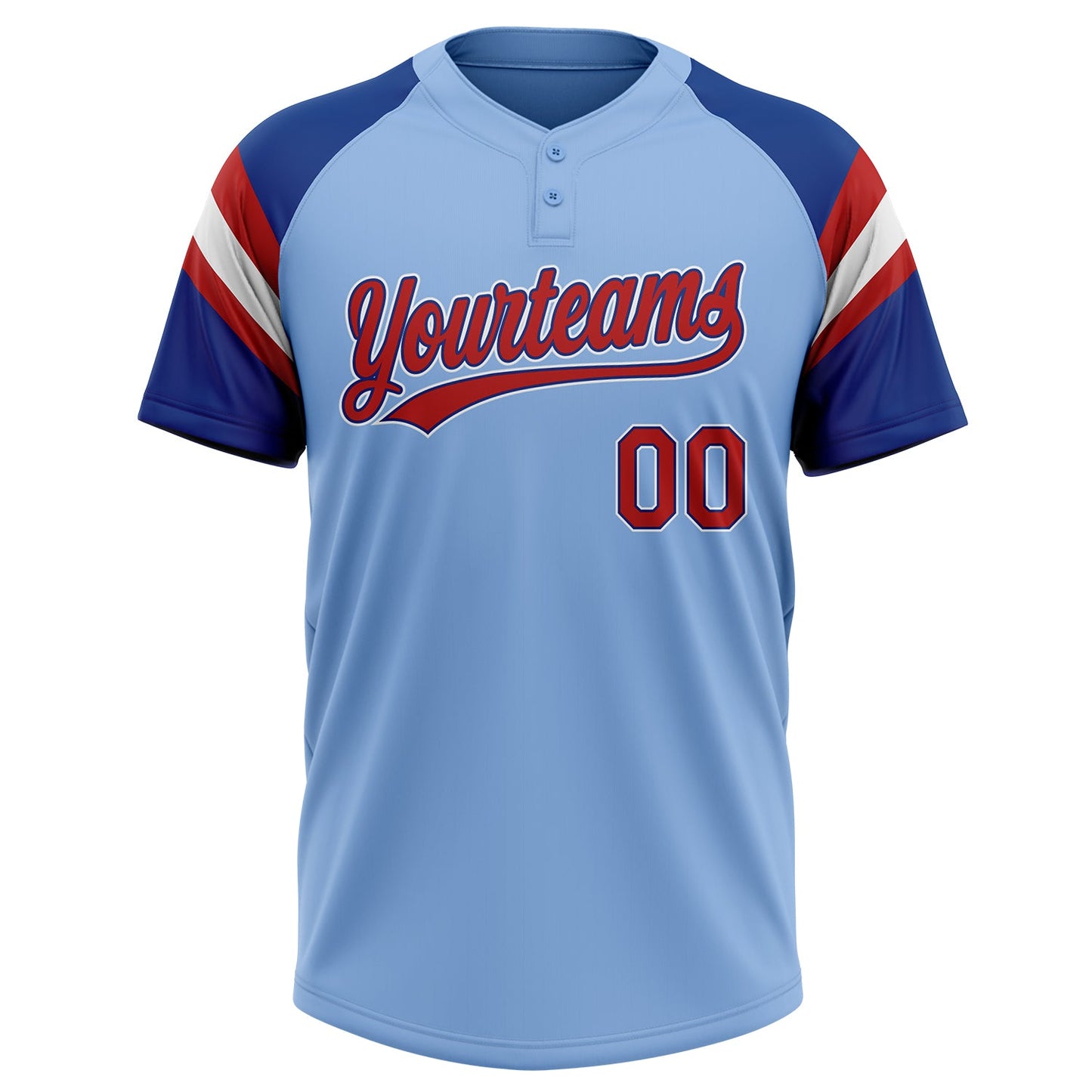 Custom Light Blue Red Royal-White Raglan Sleeves Stripes Two-Button Unisex Softball Jersey