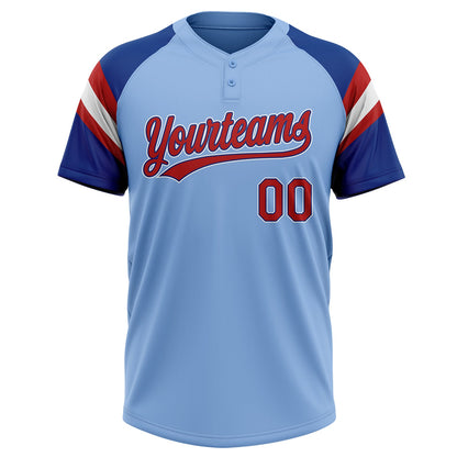 Custom Light Blue Red Royal-White Raglan Sleeves Stripes Two-Button Unisex Softball Jersey