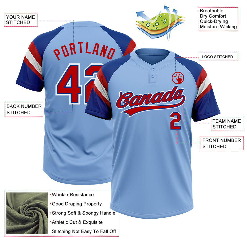 Custom Light Blue Red Royal-White Raglan Sleeves Stripes Two-Button Unisex Softball Jersey