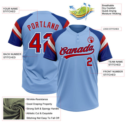 Custom Light Blue Red Royal-White Raglan Sleeves Stripes Two-Button Unisex Softball Jersey