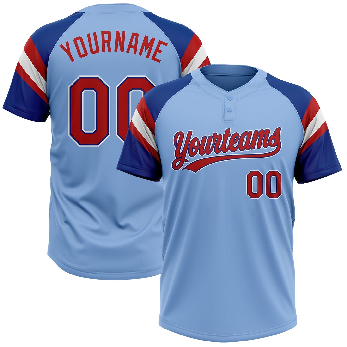 Custom Light Blue Red Royal-White Raglan Sleeves Stripes Two-Button Unisex Softball Jersey