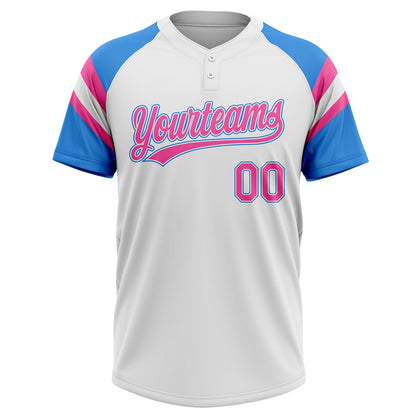 Custom White Pink-Electric Blue Raglan Sleeves Stripes Two-Button Unisex Softball Jersey
