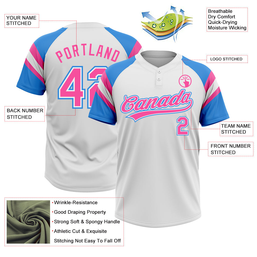 Custom White Pink-Electric Blue Raglan Sleeves Stripes Two-Button Unisex Softball Jersey