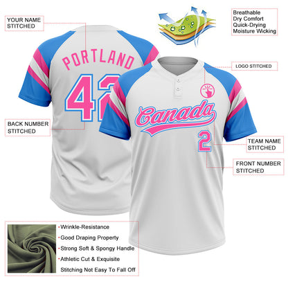 Custom White Pink-Electric Blue Raglan Sleeves Stripes Two-Button Unisex Softball Jersey