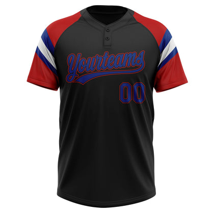 Custom Black Royal Red-White Raglan Sleeves Stripes Two-Button Unisex Softball Jersey
