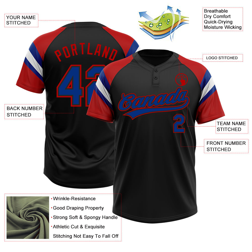 Custom Black Royal Red-White Raglan Sleeves Stripes Two-Button Unisex Softball Jersey