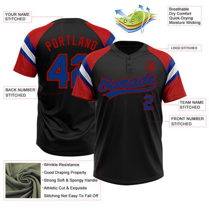 Custom Black Royal Red-White Raglan Sleeves Stripes Two-Button Unisex Softball Jersey
