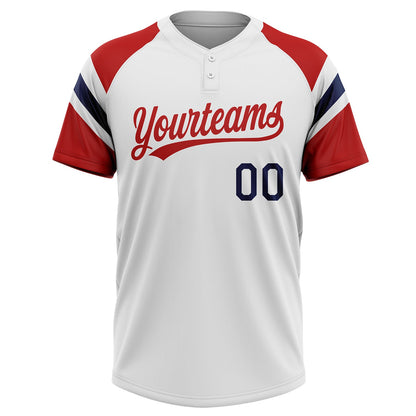 Custom White Red-Navy Raglan Sleeves Stripes Two-Button Unisex Softball Jersey