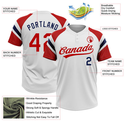 Custom White Red-Navy Raglan Sleeves Stripes Two-Button Unisex Softball Jersey