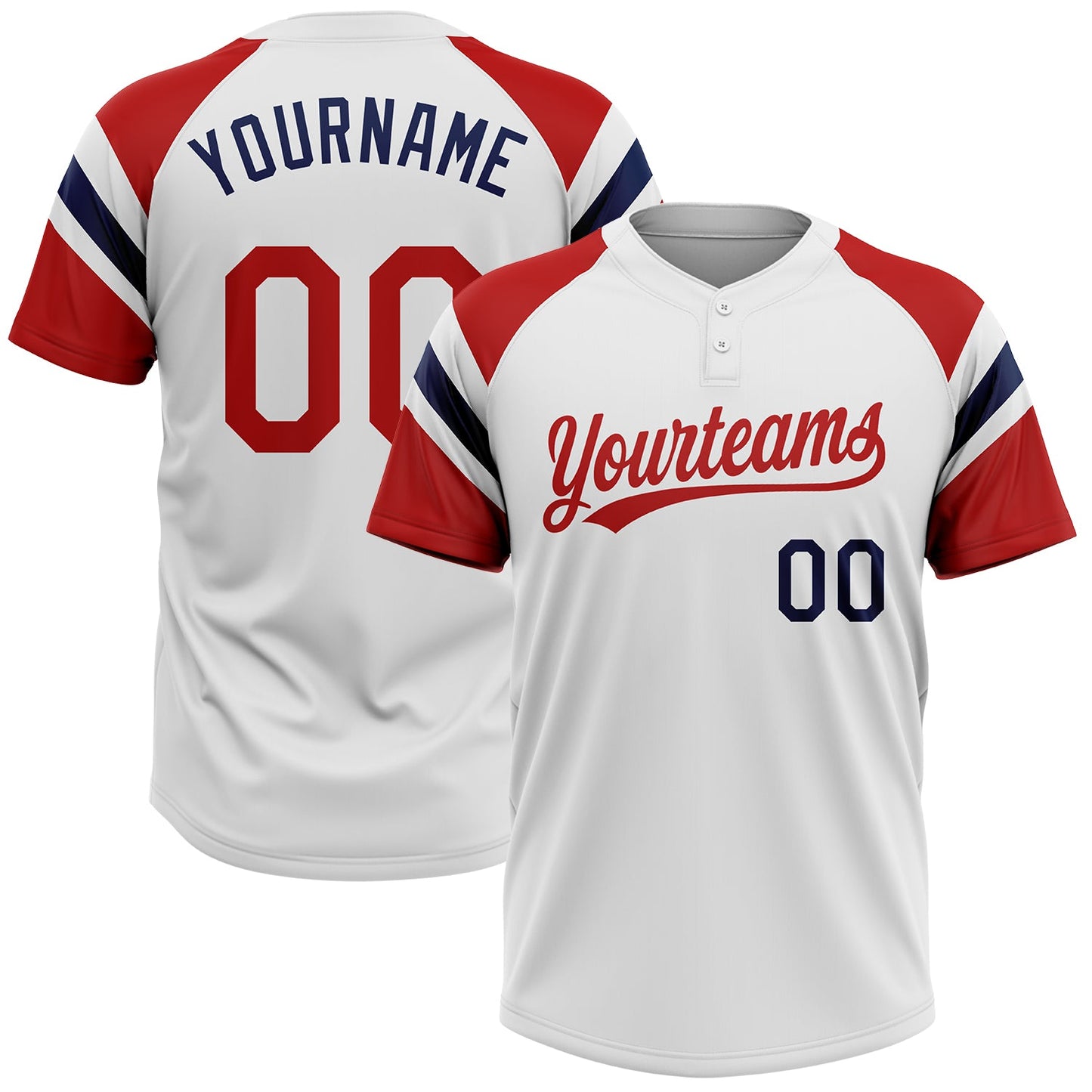 Custom White Red-Navy Raglan Sleeves Stripes Two-Button Unisex Softball Jersey