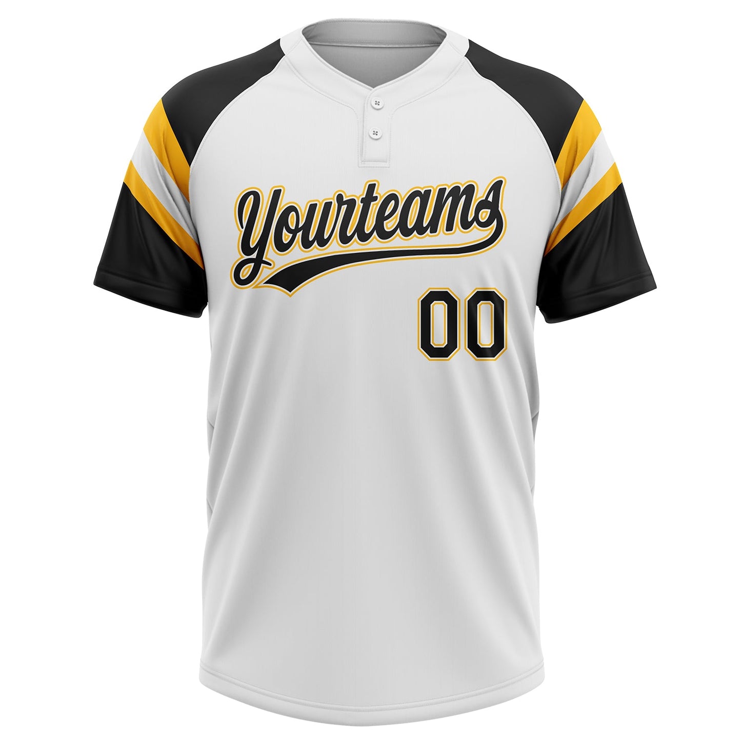Custom White Black-Gold Raglan Sleeves Stripes Two-Button Unisex Softball Jersey