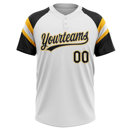 Custom White Black-Gold Raglan Sleeves Stripes Two-Button Unisex Softball Jersey