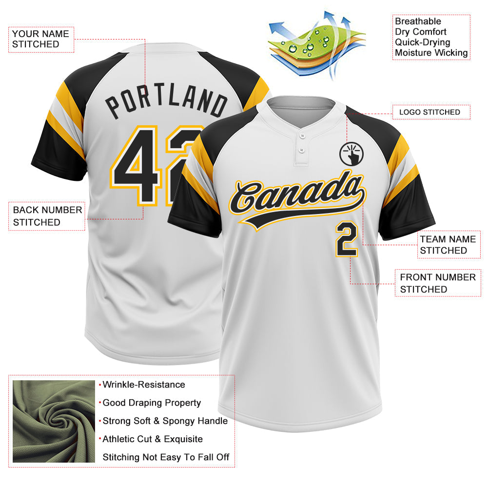 Custom White Black-Gold Raglan Sleeves Stripes Two-Button Unisex Softball Jersey