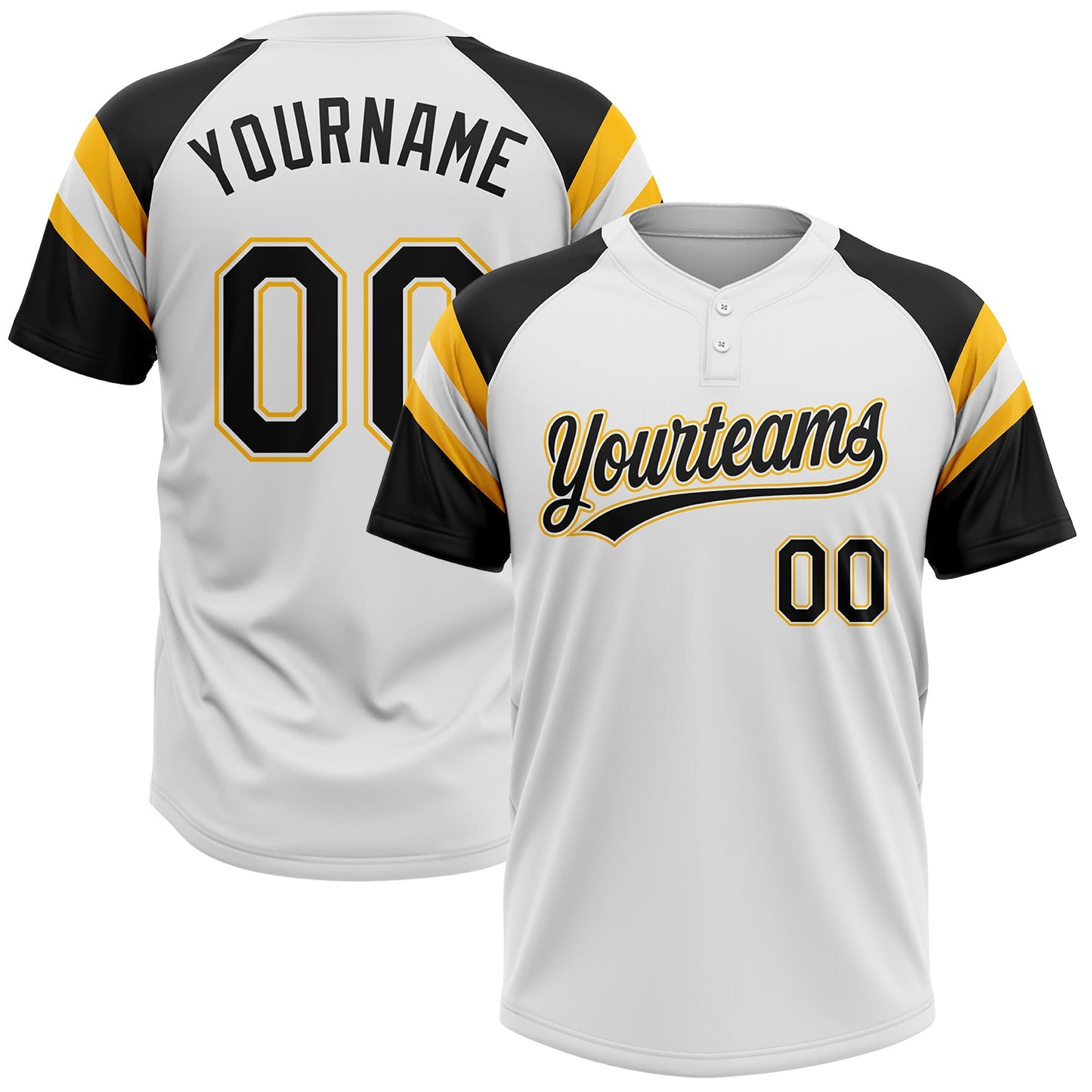 Custom White Black-Gold Raglan Sleeves Stripes Two-Button Unisex Softball Jersey
