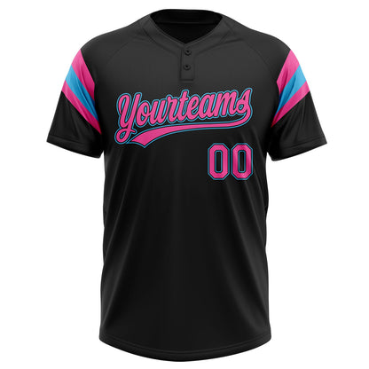 Custom Black Pink-Sky Blue Raglan Sleeves Stripes Two-Button Unisex Softball Jersey