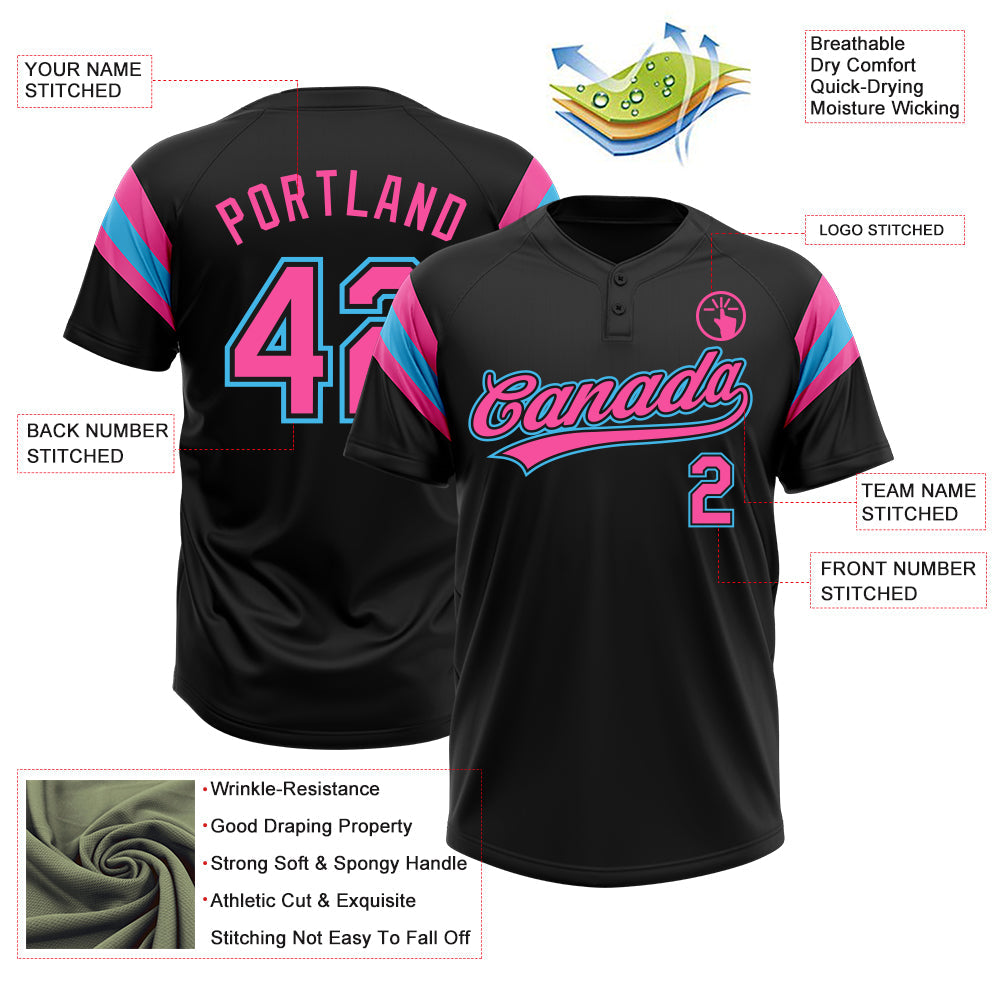 Custom Black Pink-Sky Blue Raglan Sleeves Stripes Two-Button Unisex Softball Jersey