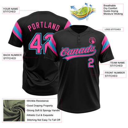Custom Black Pink-Sky Blue Raglan Sleeves Stripes Two-Button Unisex Softball Jersey