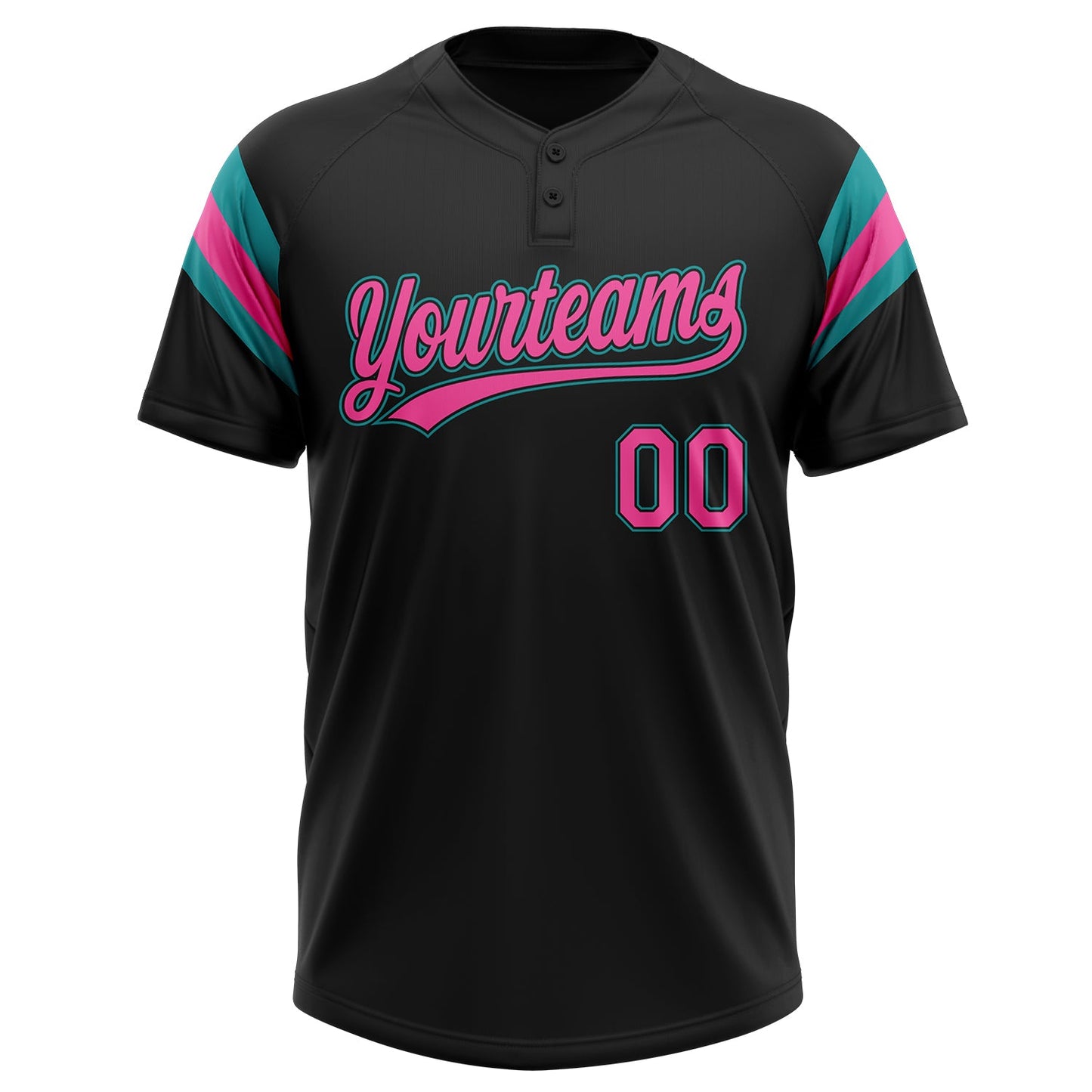 Custom Black Pink-Teal Raglan Sleeves Stripes Two-Button Unisex Softball Jersey