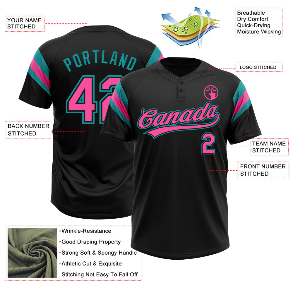 Custom Black Pink-Teal Raglan Sleeves Stripes Two-Button Unisex Softball Jersey