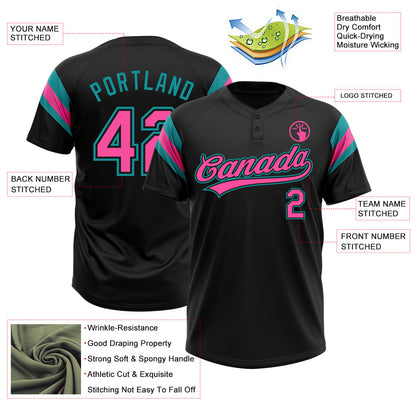 Custom Black Pink-Teal Raglan Sleeves Stripes Two-Button Unisex Softball Jersey