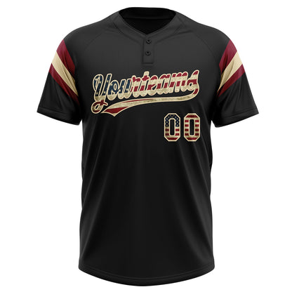 Custom Black Vintage USA Flag Cream-Crimson Raglan Sleeves Stripes Two-Button Unisex Softball Jersey