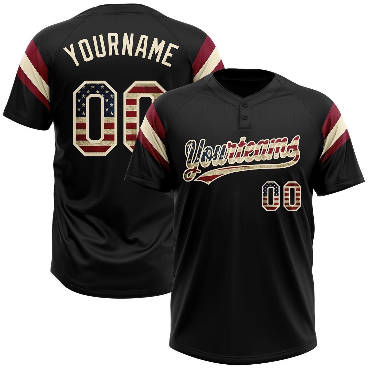 Custom Black Vintage USA Flag Cream-Crimson Raglan Sleeves Stripes Two-Button Unisex Softball Jersey