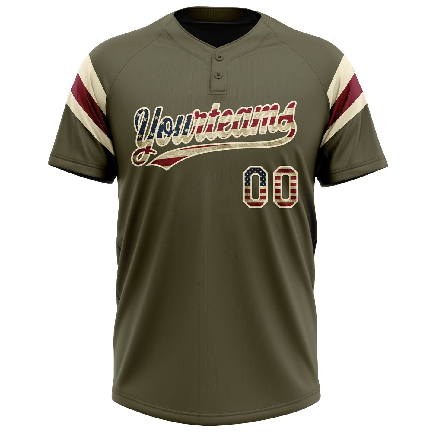 Custom Olive Vintage USA Flag Cream-Crimson Raglan Sleeves Stripes Two-Button Unisex Softball Jersey