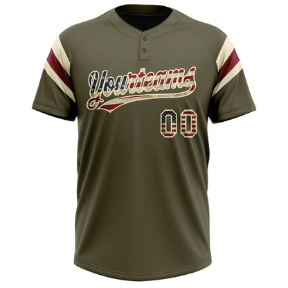 Custom Olive Vintage USA Flag Cream-Crimson Raglan Sleeves Stripes Two-Button Unisex Softball Jersey