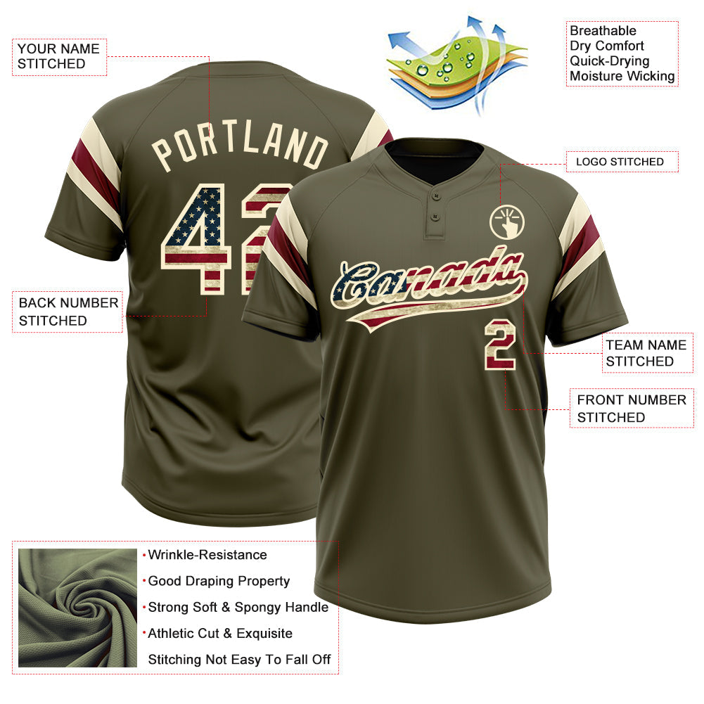 Custom Olive Vintage USA Flag Cream-Crimson Raglan Sleeves Stripes Two-Button Unisex Softball Jersey