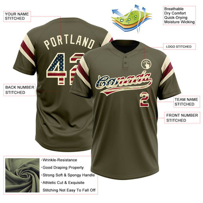 Custom Olive Vintage USA Flag Cream-Crimson Raglan Sleeves Stripes Two-Button Unisex Softball Jersey