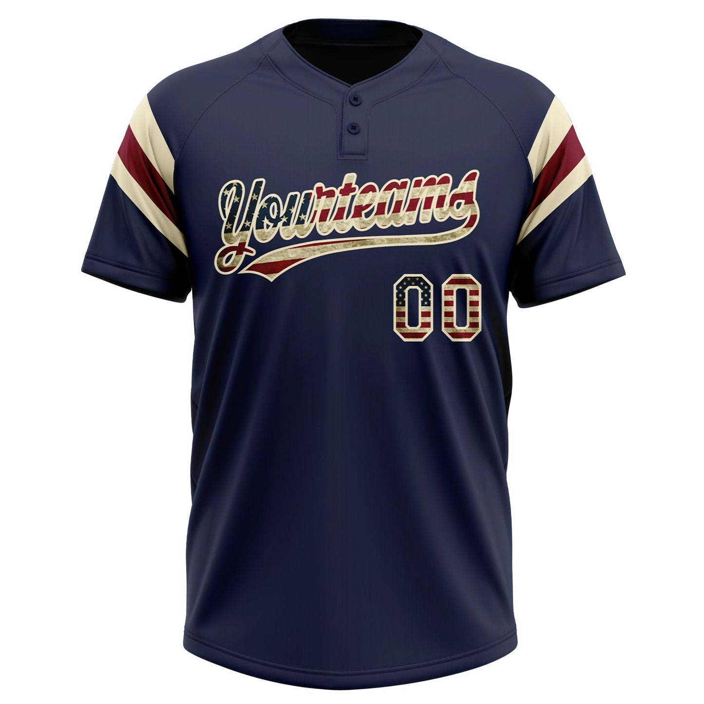 Custom Navy Vintage USA Flag Cream-Crimson Raglan Sleeves Stripes Two-Button Unisex Softball Jersey