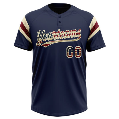 Custom Navy Vintage USA Flag Cream-Crimson Raglan Sleeves Stripes Two-Button Unisex Softball Jersey