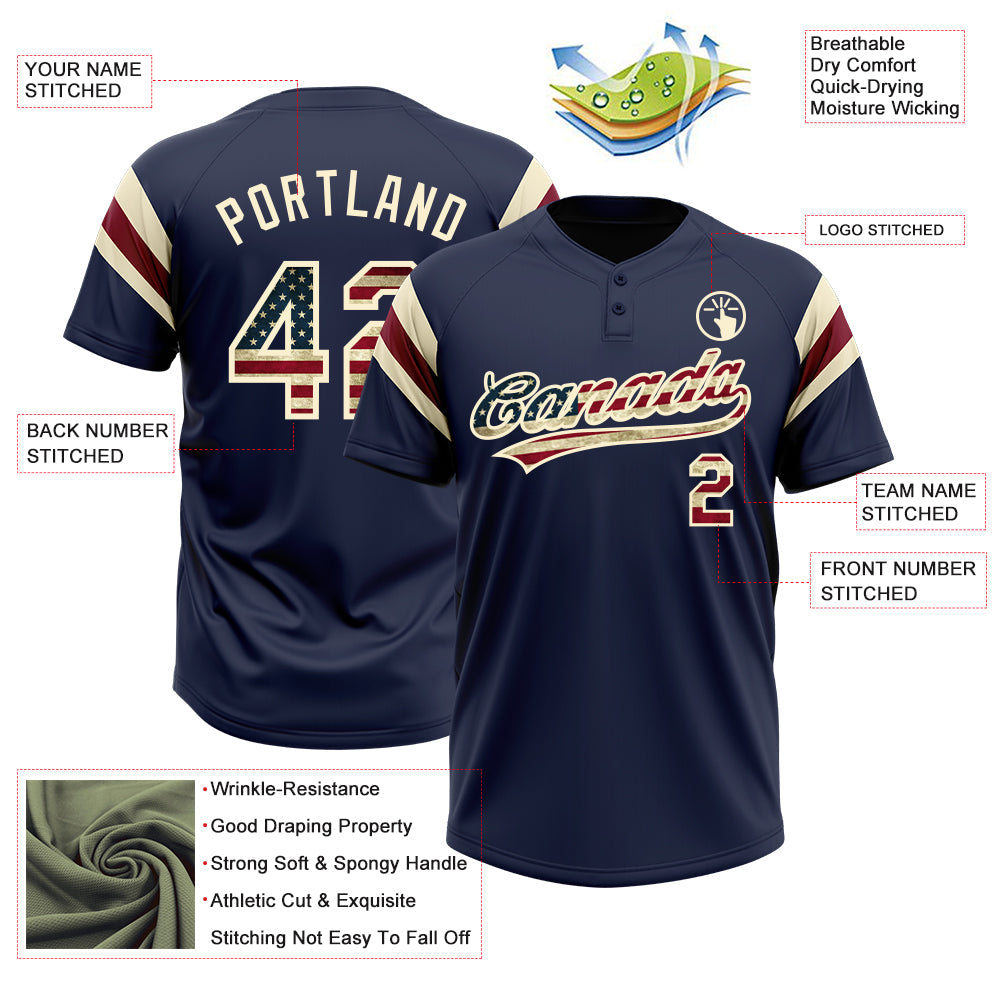 Custom Navy Vintage USA Flag Cream-Crimson Raglan Sleeves Stripes Two-Button Unisex Softball Jersey