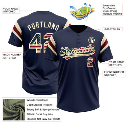 Custom Navy Vintage USA Flag Cream-Crimson Raglan Sleeves Stripes Two-Button Unisex Softball Jersey