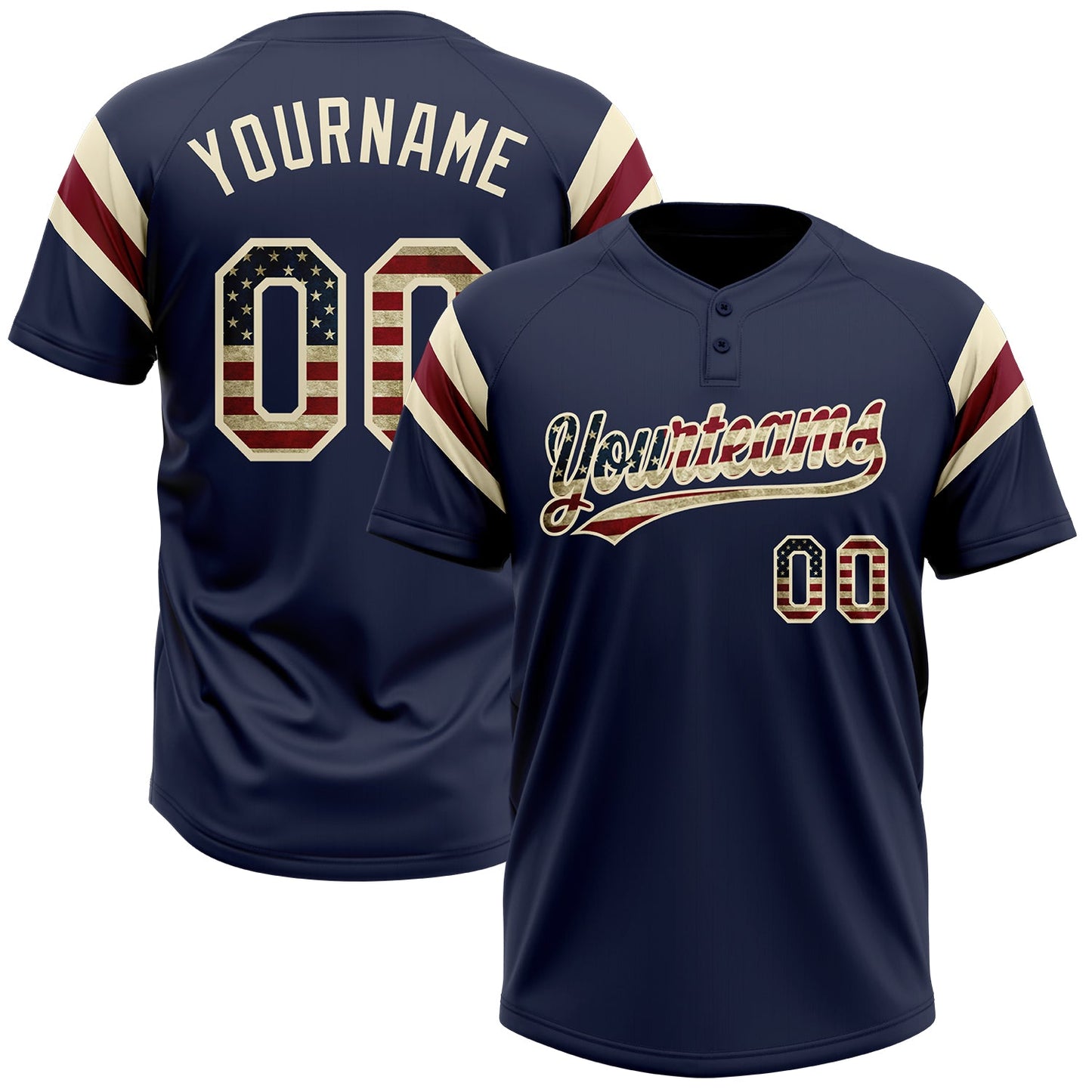 Custom Navy Vintage USA Flag Cream-Crimson Raglan Sleeves Stripes Two-Button Unisex Softball Jersey
