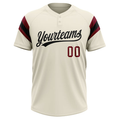 Custom Cream Black-Crimson Raglan Sleeves Stripes Two-Button Unisex Softball Jersey