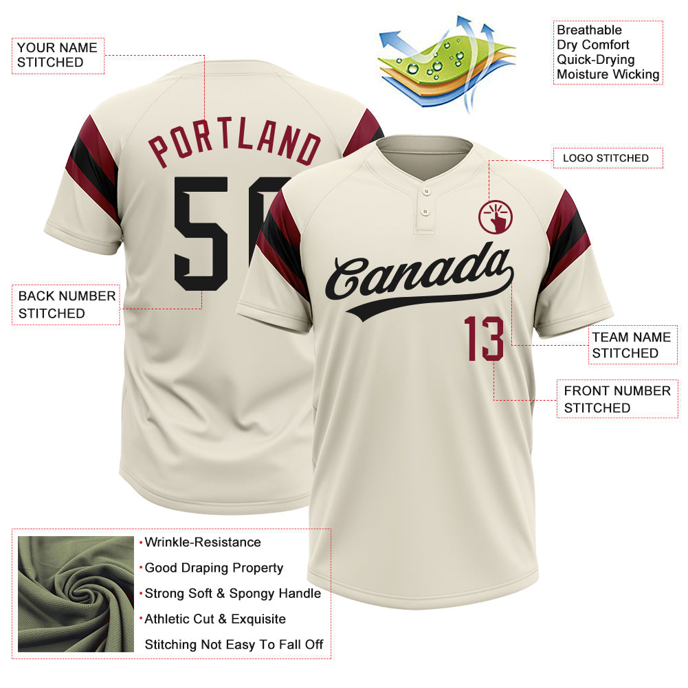 Custom Cream Black-Crimson Raglan Sleeves Stripes Two-Button Unisex Softball Jersey