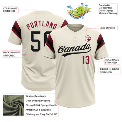 Custom Cream Black-Crimson Raglan Sleeves Stripes Two-Button Unisex Softball Jersey