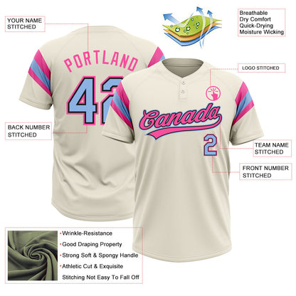 Custom Cream Light Blue Black-Pink Raglan Sleeves Stripes Two-Button Unisex Softball Jersey