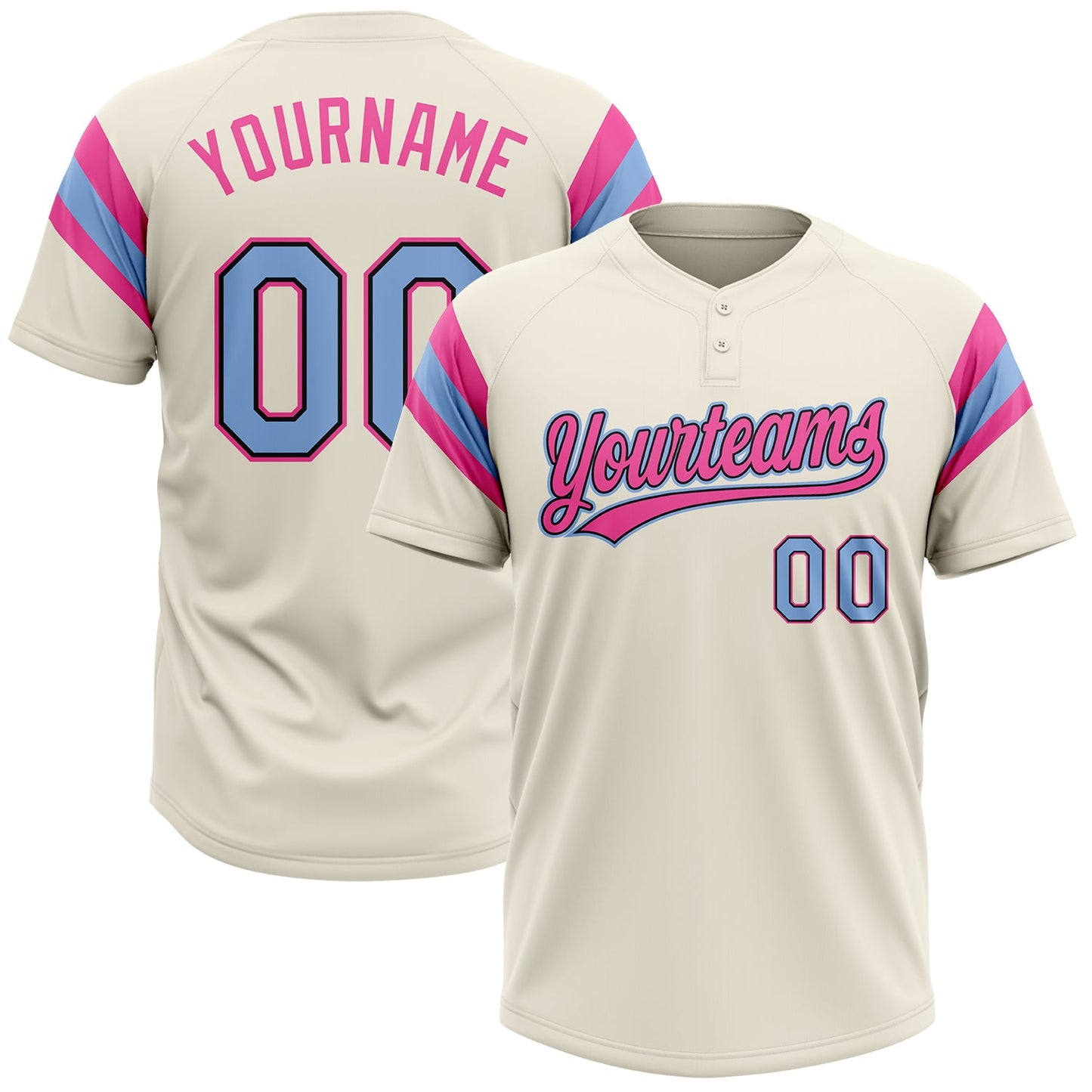 Custom Cream Light Blue Black-Pink Raglan Sleeves Stripes Two-Button Unisex Softball Jersey