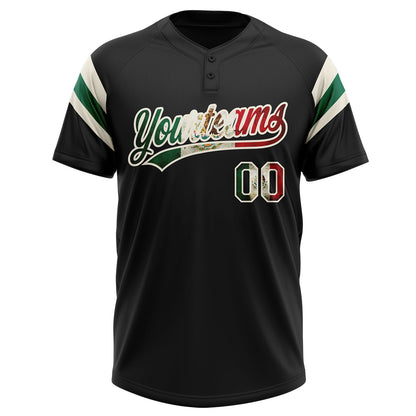 Custom Black Vintage Mexican Flag Cream-Kelly Green Raglan Sleeves Stripes Two-Button Unisex Softball Jersey