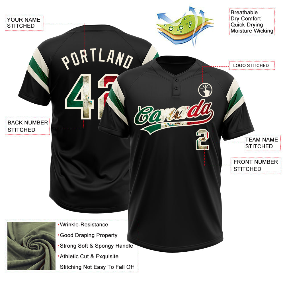 Custom Black Vintage Mexican Flag Cream-Kelly Green Raglan Sleeves Stripes Two-Button Unisex Softball Jersey