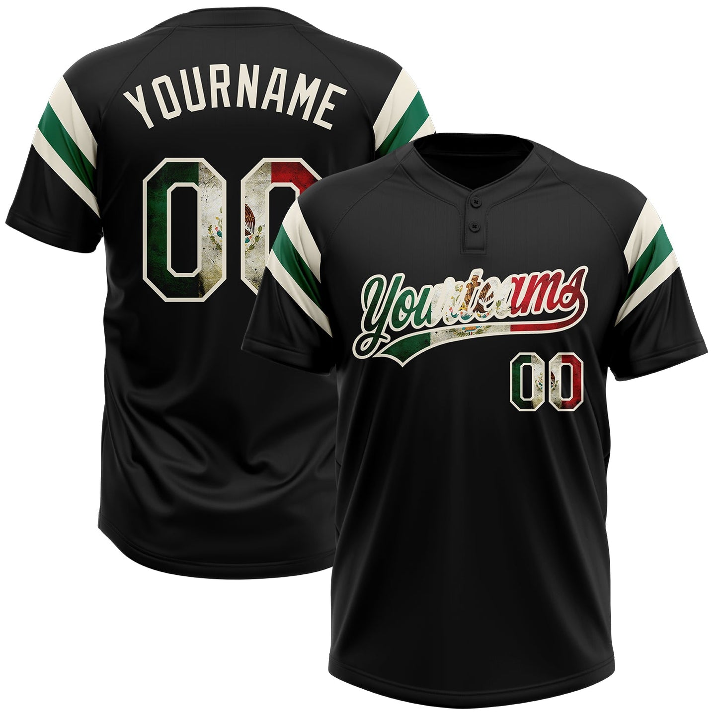 Custom Black Vintage Mexican Flag Cream-Kelly Green Raglan Sleeves Stripes Two-Button Unisex Softball Jersey