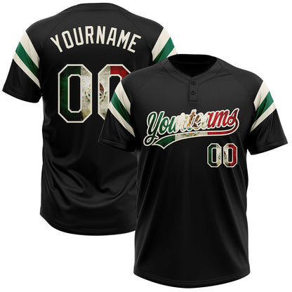 Custom Black Vintage Mexican Flag Cream-Kelly Green Raglan Sleeves Stripes Two-Button Unisex Softball Jersey