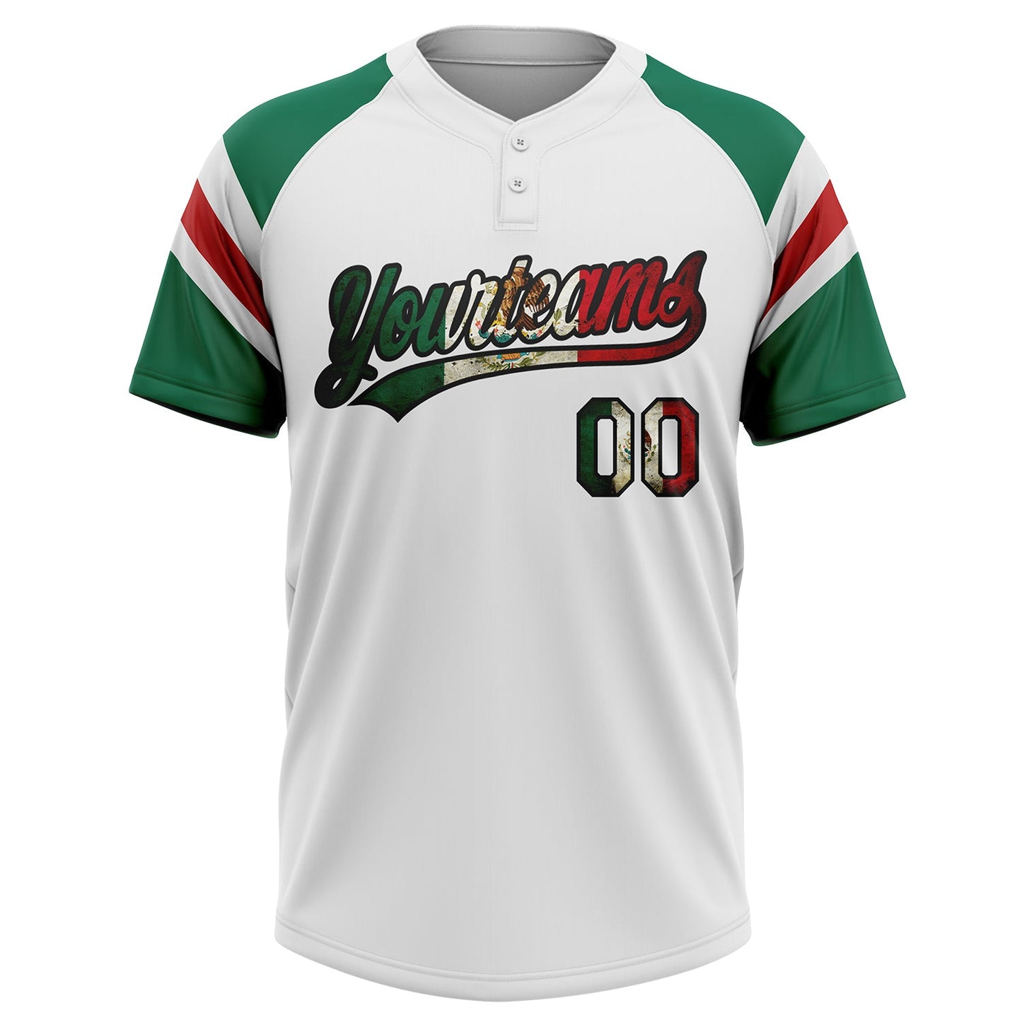 Custom White Vintage Mexican Flag Kelly Green Black-Red Raglan Sleeves Stripes Two-Button Unisex Softball Jersey