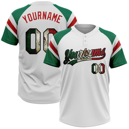 Custom White Vintage Mexican Flag Kelly Green Black-Red Raglan Sleeves Stripes Two-Button Unisex Softball Jersey