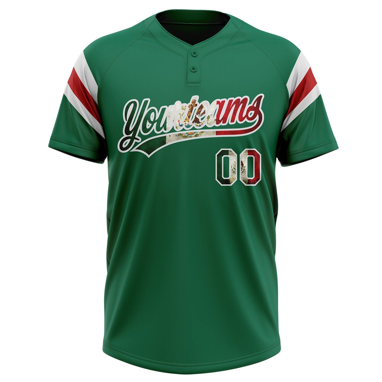 Custom Kelly Green Vintage Mexican Flag White-Red Raglan Sleeves Stripes Two-Button Unisex Softball Jersey